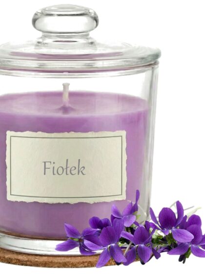 Świeca Zapachowa 440ml FIOŁEK w Szkle | Świeca Sojowa, Czas palenia: ok. 140h, HANDMADE | z Korkową Podkładką, Seria: Glass 440ml