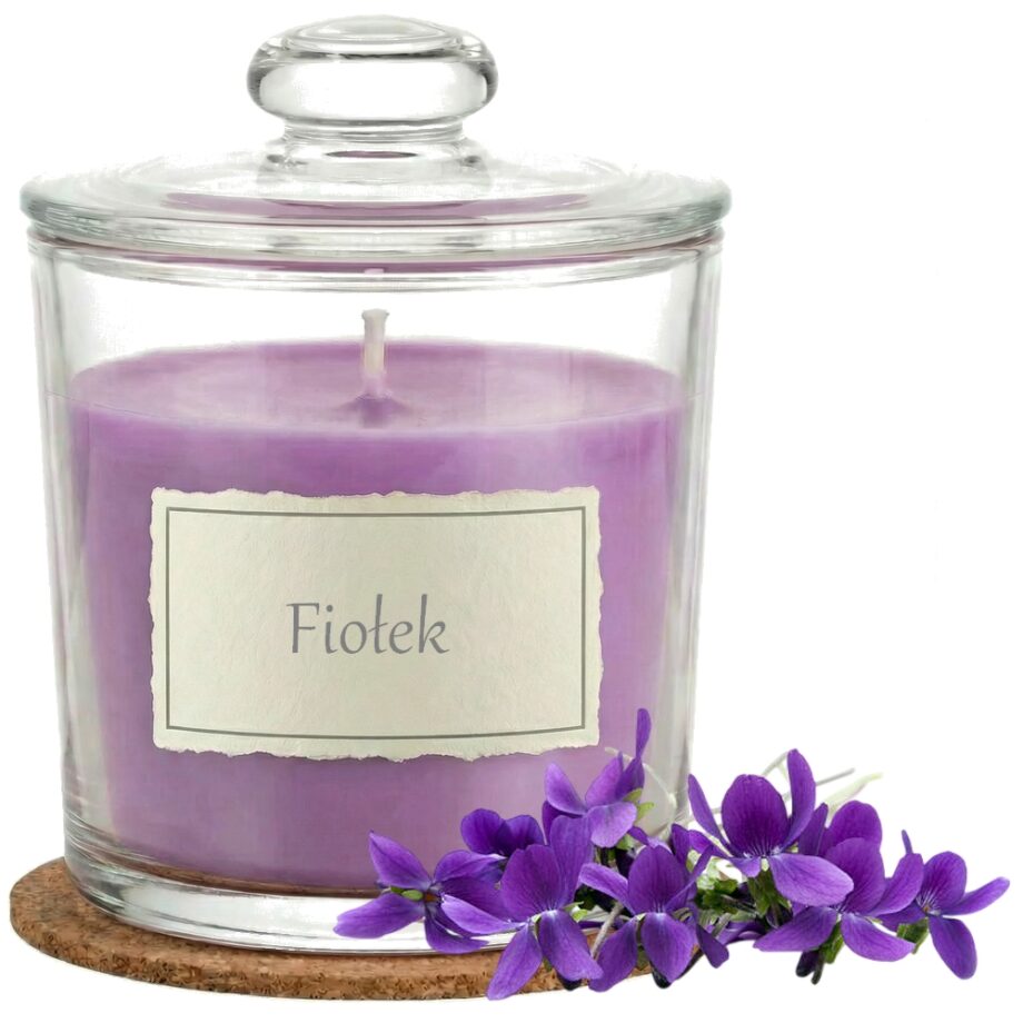Świeca Zapachowa 440ml FIOŁEK w Szkle | Świeca Sojowa, Czas palenia: ok. 140h, HANDMADE | z Korkową Podkładką, Seria: Glass 440ml