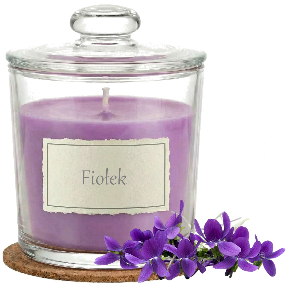 Świeca Zapachowa 440ml FIOŁEK w Szkle | Świeca Sojowa, Czas palenia: ok. 140h, HANDMADE | z Korkową Podkładką, Seria: Glass 440ml
