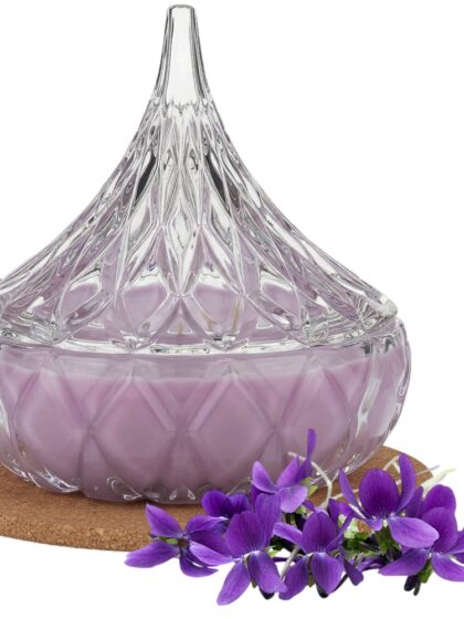 Świeca Zapachowa 220ml FIOŁEK w Krysztale | Świeca Sojowa, Czas palenia: ok. 65h, HANDMADE | z Korkową Podkładką, Seria: Cristal 220ml