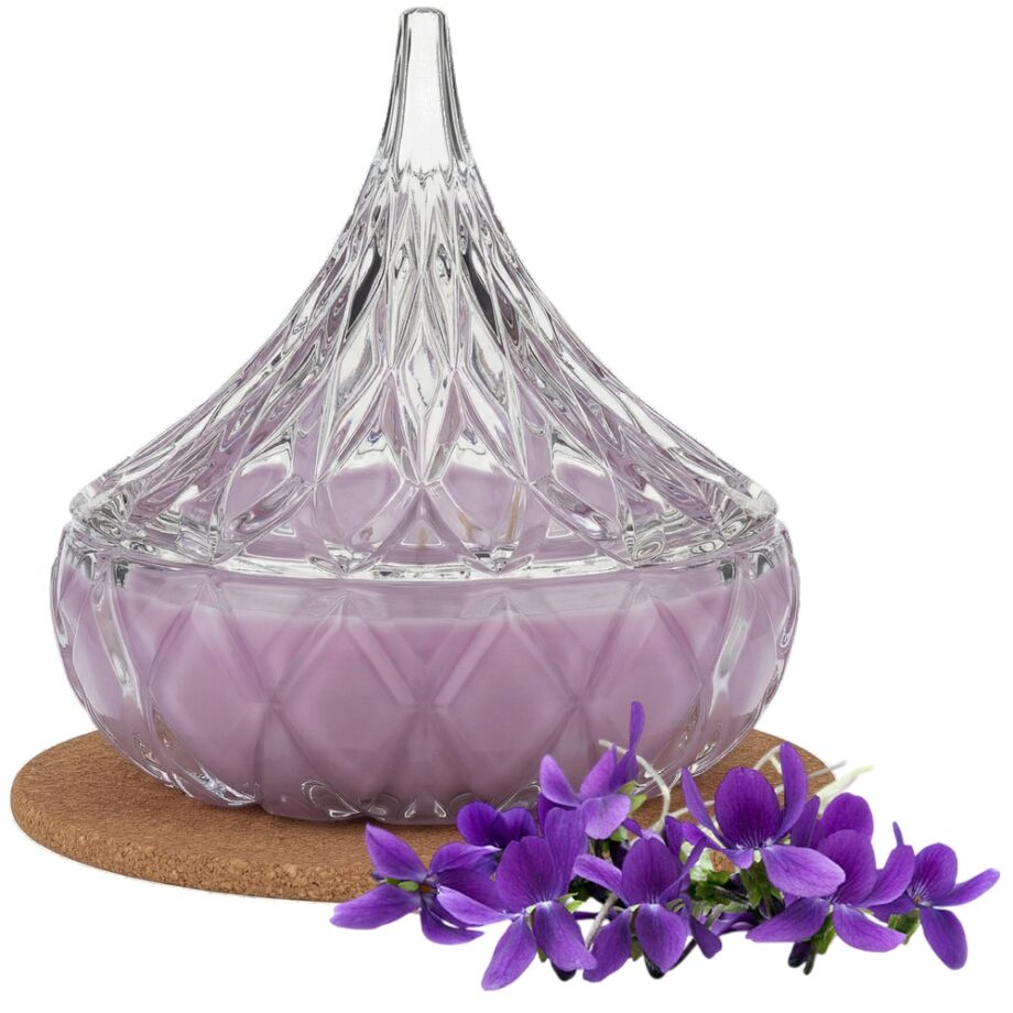 Świeca Zapachowa 220ml FIOŁEK w Krysztale | Świeca Sojowa, Czas palenia: ok. 65h, HANDMADE | z Korkową Podkładką, Seria: Cristal 220ml