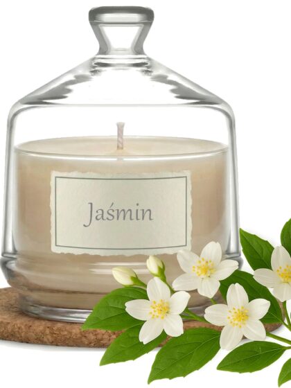 Świeca Zapachowa 280ml JAŚMIN w Szkle | Świeca Sojowa, Czas palenia: ok. 85h, HANDMADE | z Korkową Podkładką, Seria: Glass 280ml