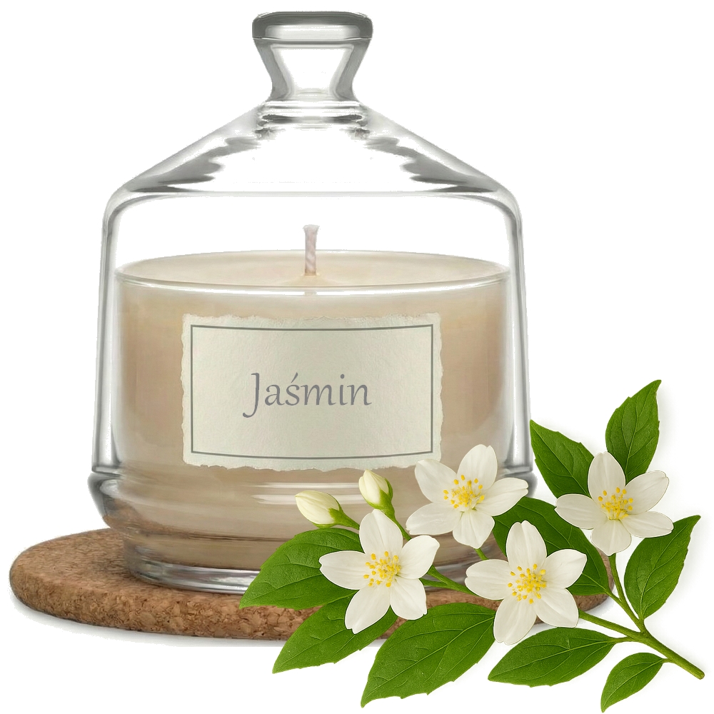 Świeca Zapachowa 280ml JAŚMIN w Szkle | Świeca Sojowa, Czas palenia: ok. 85h, HANDMADE | z Korkową Podkładką, Seria: Glass 280ml