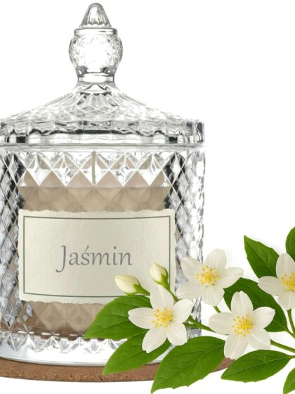 Świeca Zapachowa 330ml JAŚMIN w Krysztale | Świeca Sojowa, Czas palenia: ok. 100h, HANDMADE | z Korkową Podkładką, Seria: Cristal 330ml