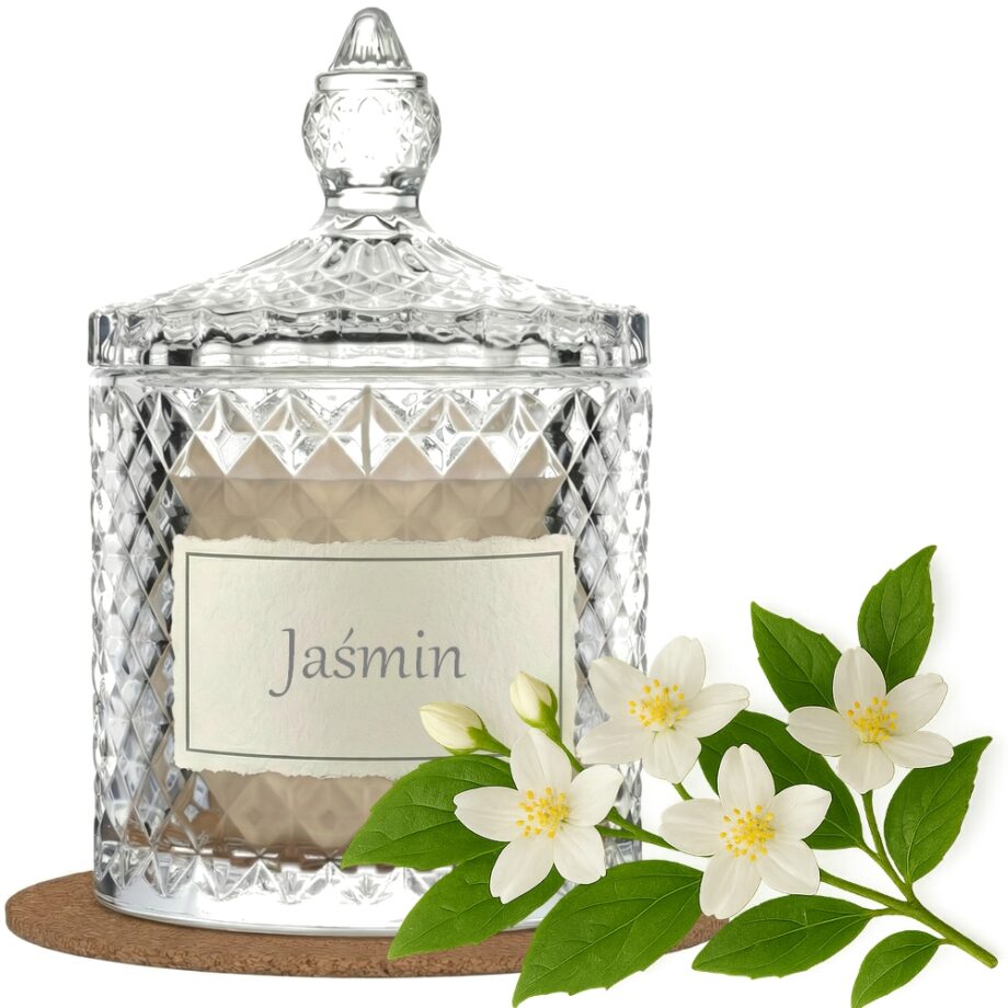 Świeca Zapachowa 330ml JAŚMIN w Krysztale | Świeca Sojowa, Czas palenia: ok. 100h, HANDMADE | z Korkową Podkładką, Seria: Cristal 330ml