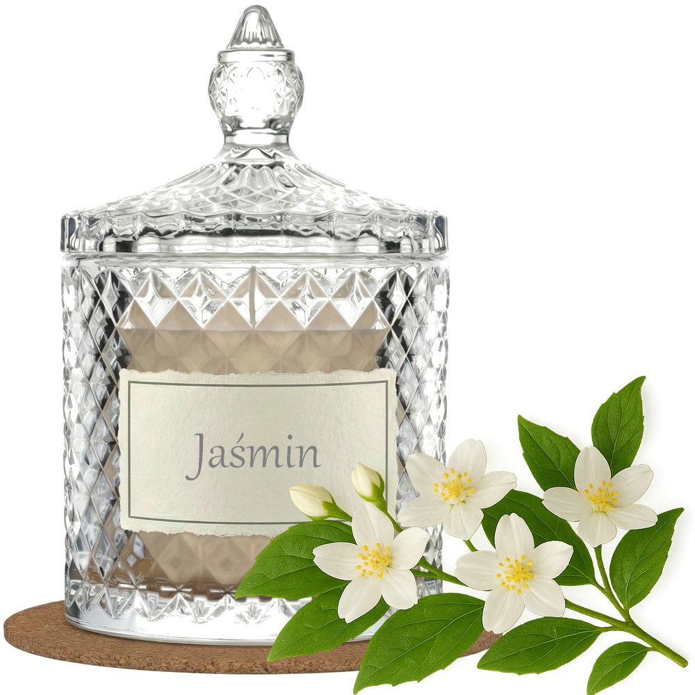 Świeca Zapachowa 330ml JAŚMIN w Krysztale | Świeca Sojowa, Czas palenia: ok. 100h, HANDMADE | z Korkową Podkładką, Seria: Cristal 330ml