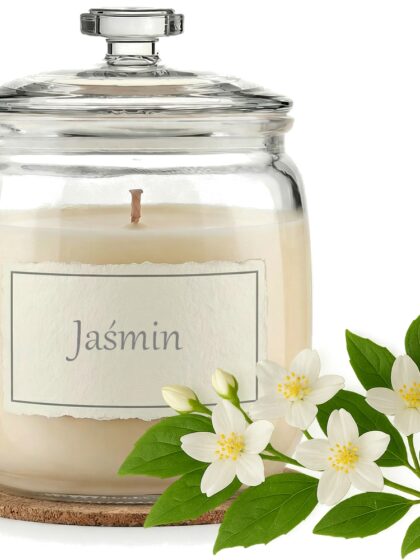 Świeca Zapachowa 750ml JAŚMIN w Szkle | Świeca Sojowa, Czas palenia: ok. 230h, HANDMADE | z Korkową Podkładką, Seria: Glass 750ml
