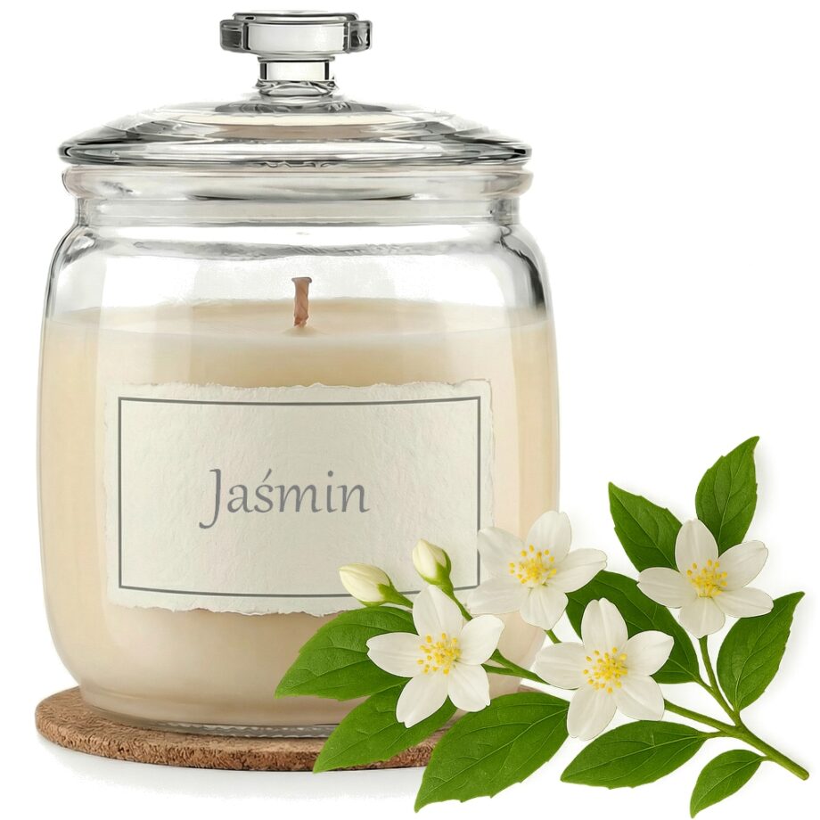 Świeca Zapachowa 750ml JAŚMIN w Szkle | Świeca Sojowa, Czas palenia: ok. 230h, HANDMADE | z Korkową Podkładką, Seria: Glass 750ml