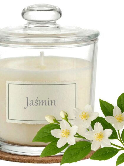 Świeca Zapachowa 440ml JAŚMIN w Szkle | Świeca Sojowa, Czas palenia: ok. 140h, HANDMADE | z Korkową Podkładką, Seria: Glass 440ml