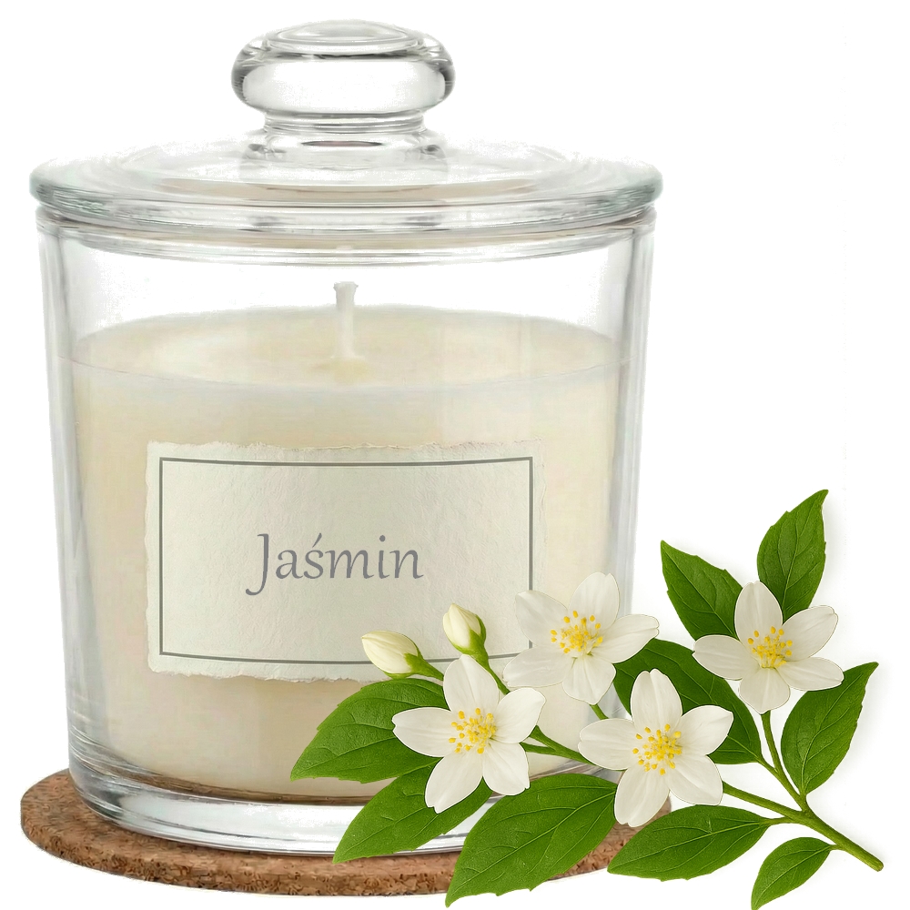 Świeca Zapachowa 440ml JAŚMIN w Szkle | Świeca Sojowa, Czas palenia: ok. 140h, HANDMADE | z Korkową Podkładką, Seria: Glass 440ml