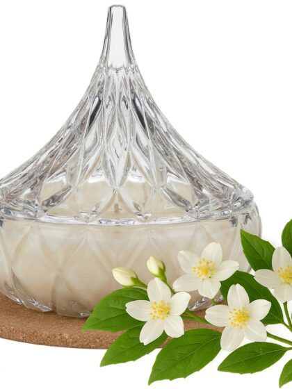 Świeca Zapachowa 220ml JAŚMIN w Krysztale | Świeca Sojowa, Czas palenia: ok. 65h, HANDMADE | z Korkową Podkładką, Seria: Cristal 220ml