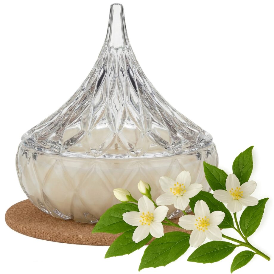 Świeca Zapachowa 220ml JAŚMIN w Krysztale | Świeca Sojowa, Czas palenia: ok. 65h, HANDMADE | z Korkową Podkładką, Seria: Cristal 220ml