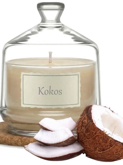 Świeca Zapachowa 280ml KOKOS w Szkle | Świeca Sojowa, Czas palenia: ok. 85h, HANDMADE | z Korkową Podkładką, Seria: Glass 280ml