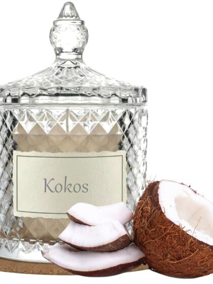Świeca Zapachowa 330ml KOKOS w Krysztale | Świeca Sojowa, Czas palenia: ok. 100h, HANDMADE | z Korkową Podkładką, Seria: Cristal 330ml
