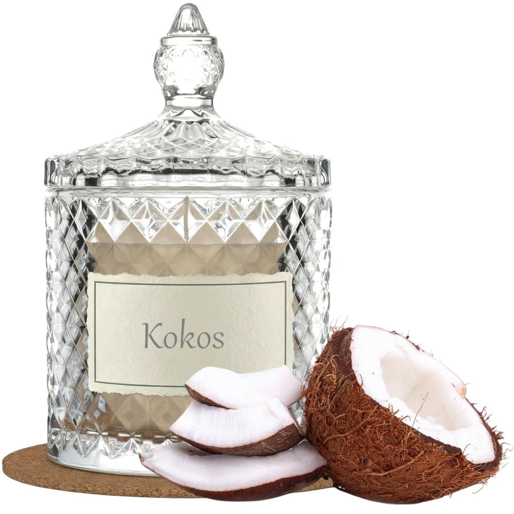Świeca Zapachowa 330ml KOKOS w Krysztale | Świeca Sojowa, Czas palenia: ok. 100h, HANDMADE | z Korkową Podkładką, Seria: Cristal 330ml