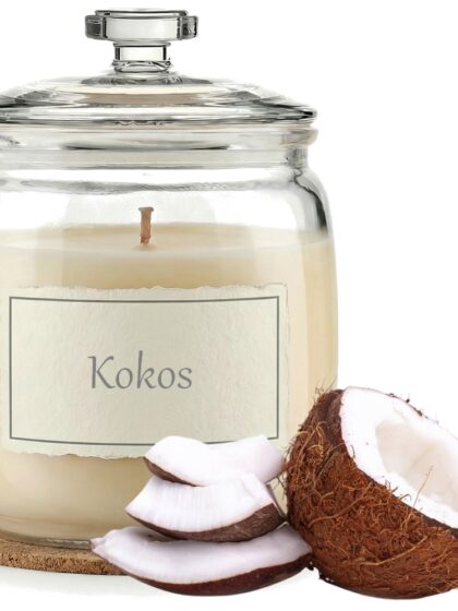 Świeca Zapachowa 750ml KOKOS w Szkle | Świeca Sojowa, Czas palenia: ok. 230h, HANDMADE | z Korkową Podkładką, Seria: Glass 750ml