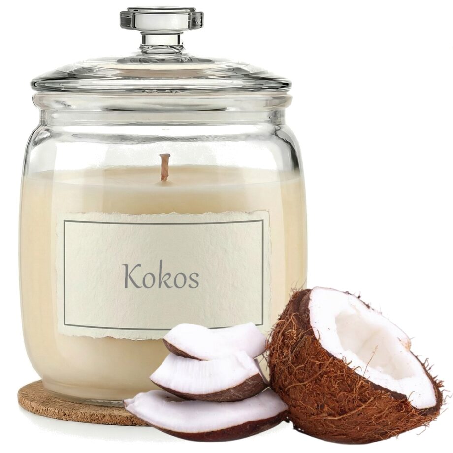 Świeca Zapachowa 750ml KOKOS w Szkle | Świeca Sojowa, Czas palenia: ok. 230h, HANDMADE | z Korkową Podkładką, Seria: Glass 750ml