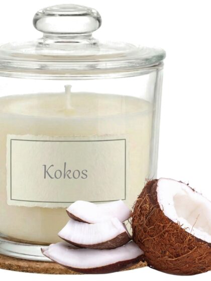 Świeca Zapachowa 440ml KOKOS w Szkle | Świeca Sojowa, Czas palenia: ok. 140h, HANDMADE | z Korkową Podkładką, Seria: Glass 440ml