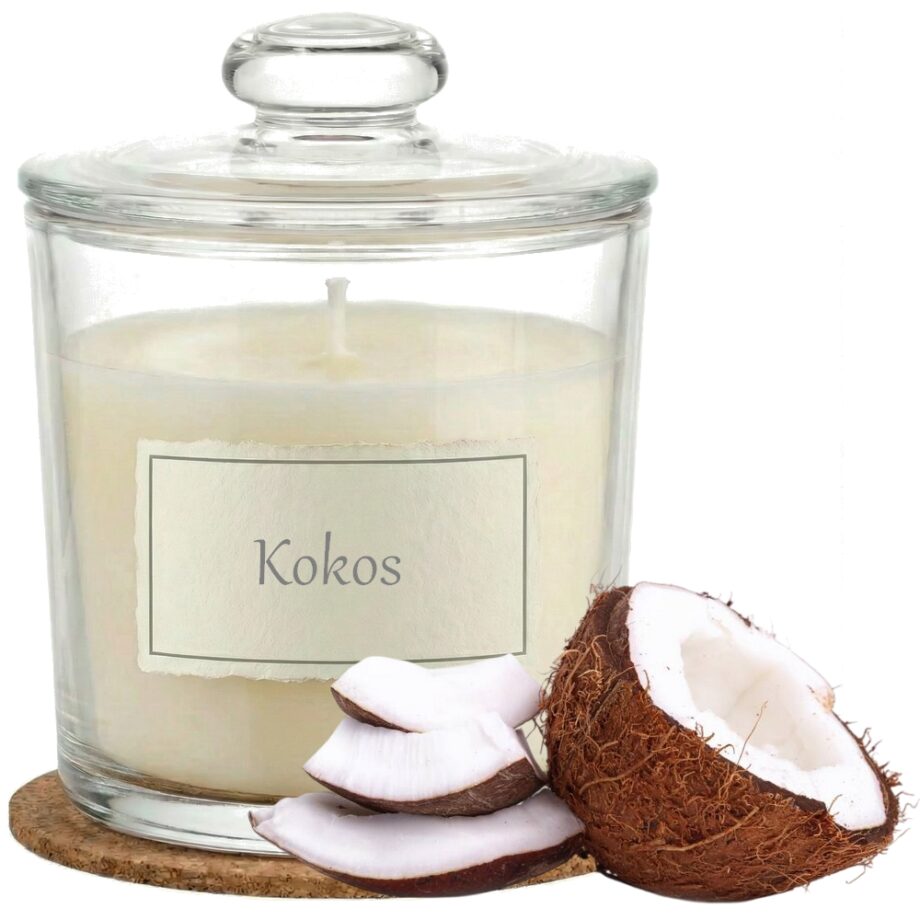 Świeca Zapachowa 440ml KOKOS w Szkle | Świeca Sojowa, Czas palenia: ok. 140h, HANDMADE | z Korkową Podkładką, Seria: Glass 440ml