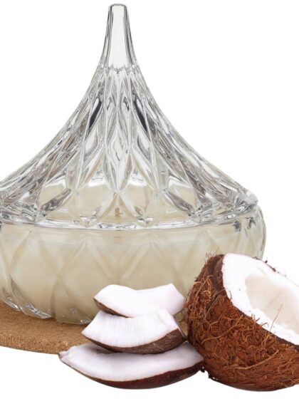 Świeca Zapachowa 220ml KOKOS w Krysztale | Świeca Sojowa, Czas palenia: ok. 65h, HANDMADE | z Korkową Podkładką, Seria: Cristal 220ml