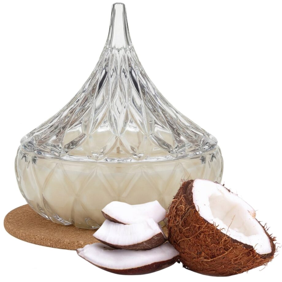 Świeca Zapachowa 220ml KOKOS w Krysztale | Świeca Sojowa, Czas palenia: ok. 65h, HANDMADE | z Korkową Podkładką, Seria: Cristal 220ml