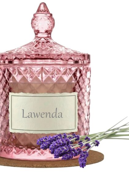 Świeca Zapachowa 330ml LAWENDA w Krysztale | Świeca Sojowa, Czas palenia: ok. 100h, HANDMADE | z Korkową Podkładką, Seria: Cristal 330ml