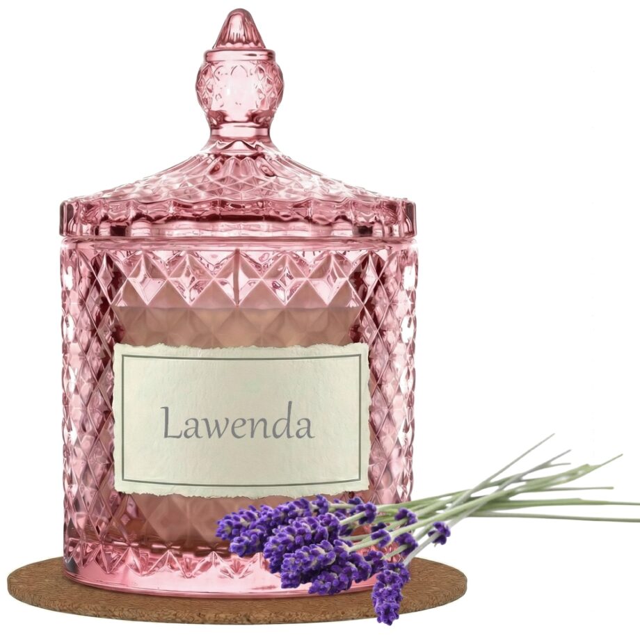 Świeca Zapachowa 330ml LAWENDA w Krysztale | Świeca Sojowa, Czas palenia: ok. 100h, HANDMADE | z Korkową Podkładką, Seria: Cristal 330ml