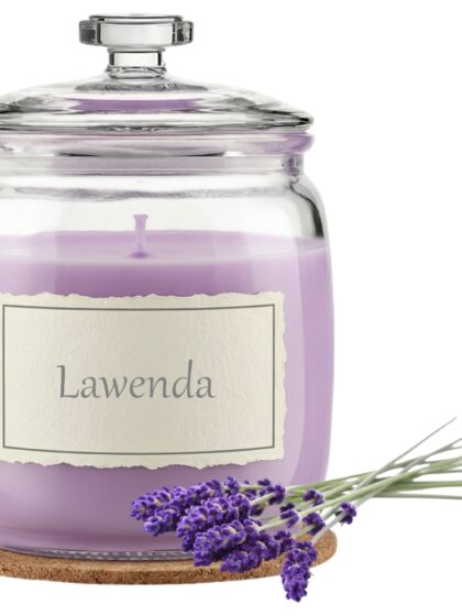 Świeca Zapachowa 750ml LAWENDA w Szkle | Świeca Sojowa, Czas palenia: ok. 230h, HANDMADE | z Korkową Podkładką, Seria: Glass 750ml