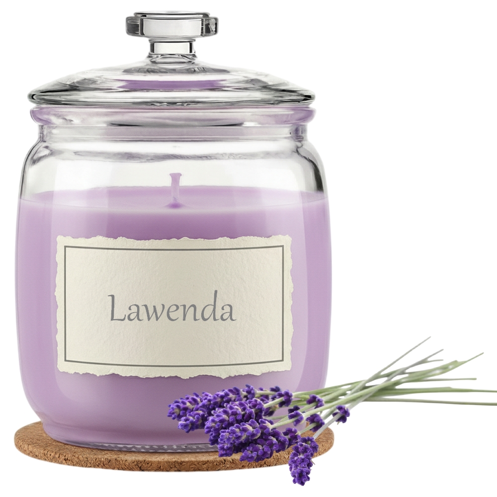 Świeca Zapachowa 750ml LAWENDA w Szkle | Świeca Sojowa, Czas palenia: ok. 230h, HANDMADE | z Korkową Podkładką, Seria: Glass 750ml