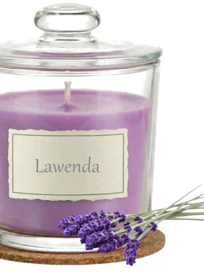 Świeca Zapachowa 440ml LAWENDA w Szkle | Świeca Sojowa, Czas palenia: ok. 140h, HANDMADE | z Korkową Podkładką, Seria: Glass 440ml
