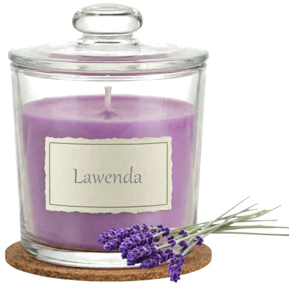 Świeca Zapachowa 440ml LAWENDA w Szkle | Świeca Sojowa, Czas palenia: ok. 140h, HANDMADE | z Korkową Podkładką, Seria: Glass 440ml