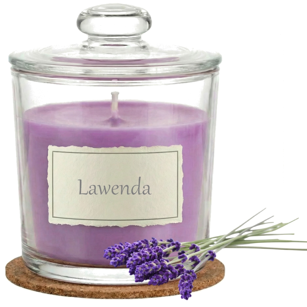 Świeca Zapachowa 440ml LAWENDA w Szkle | Świeca Sojowa, Czas palenia: ok. 140h, HANDMADE | z Korkową Podkładką, Seria: Glass 440ml