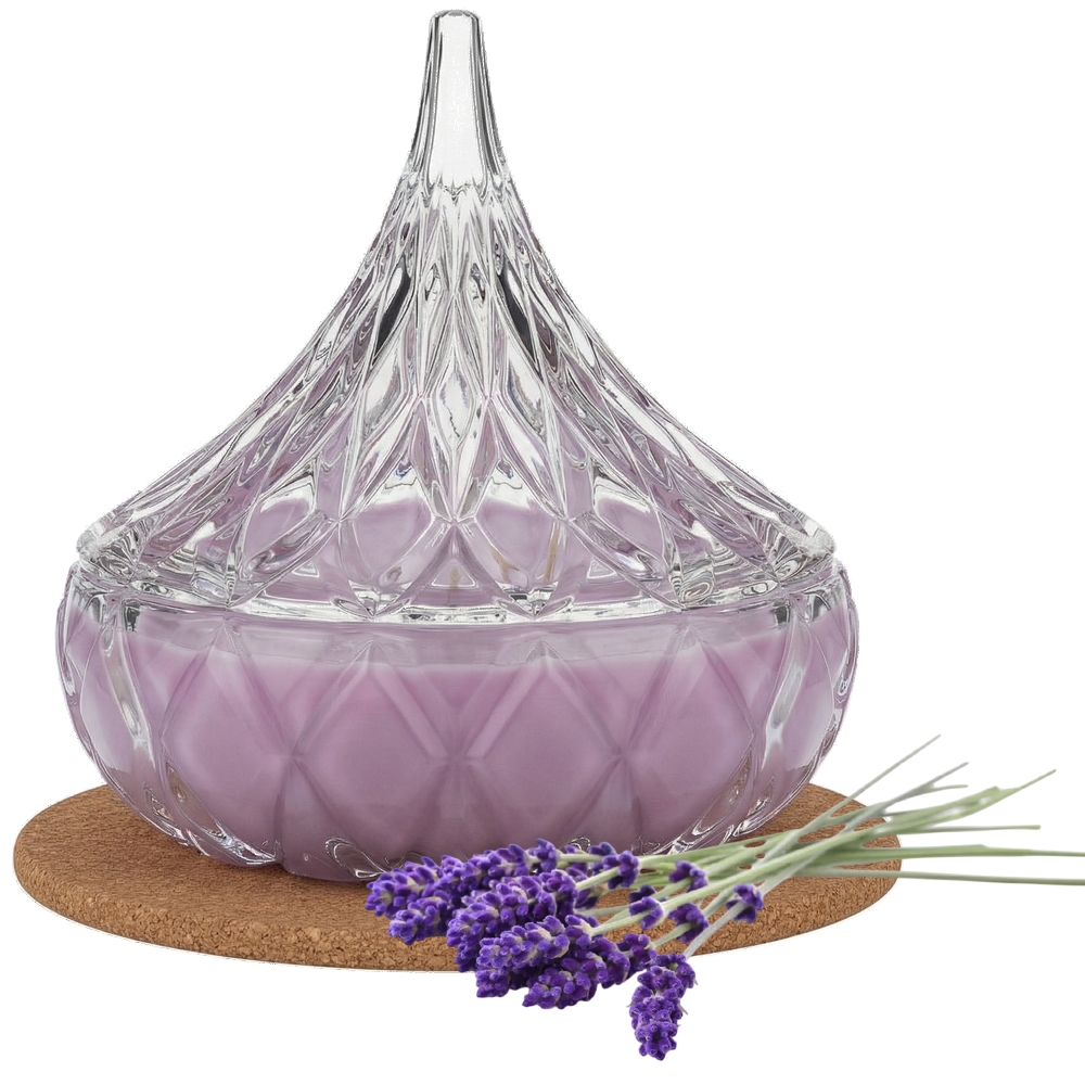 Świeca Zapachowa 220ml LAWENDA w Krysztale | Świeca Sojowa, Czas palenia: ok. 65h, HANDMADE | z Korkową Podkładką, Seria: Cristal 220ml