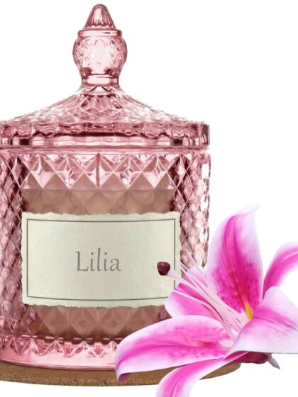 Świeca Zapachowa 330ml LILIA w Krysztale | Świeca Sojowa, Czas palenia: ok. 100h, HANDMADE | z Korkową Podkładką, Seria: Cristal 330ml