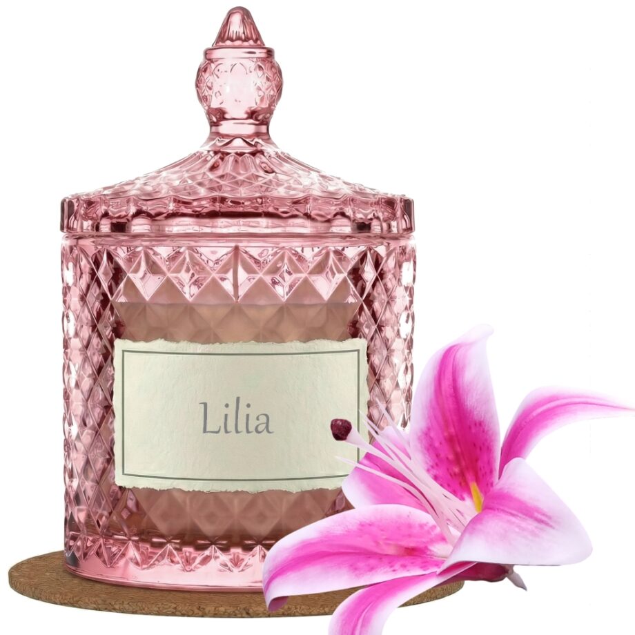 Świeca Zapachowa 330ml LILIA w Krysztale | Świeca Sojowa, Czas palenia: ok. 100h, HANDMADE | z Korkową Podkładką, Seria: Cristal 330ml