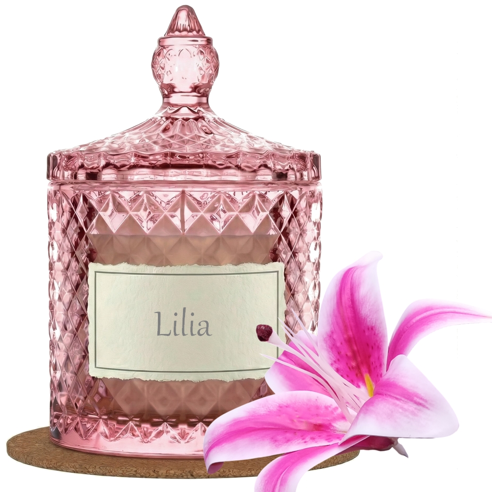 Świeca Zapachowa 330ml LILIA w Krysztale | Świeca Sojowa, Czas palenia: ok. 100h, HANDMADE | z Korkową Podkładką, Seria: Cristal 330ml