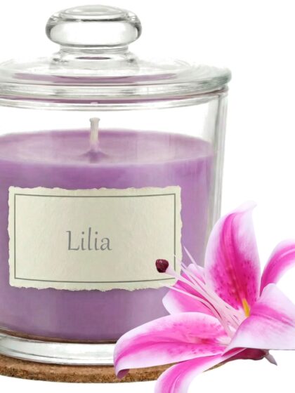 Świeca Zapachowa 440ml LILIA w Szkle | Świeca Sojowa, Czas palenia: ok. 140h, HANDMADE | z Korkową Podkładką, Seria: Glass 440ml