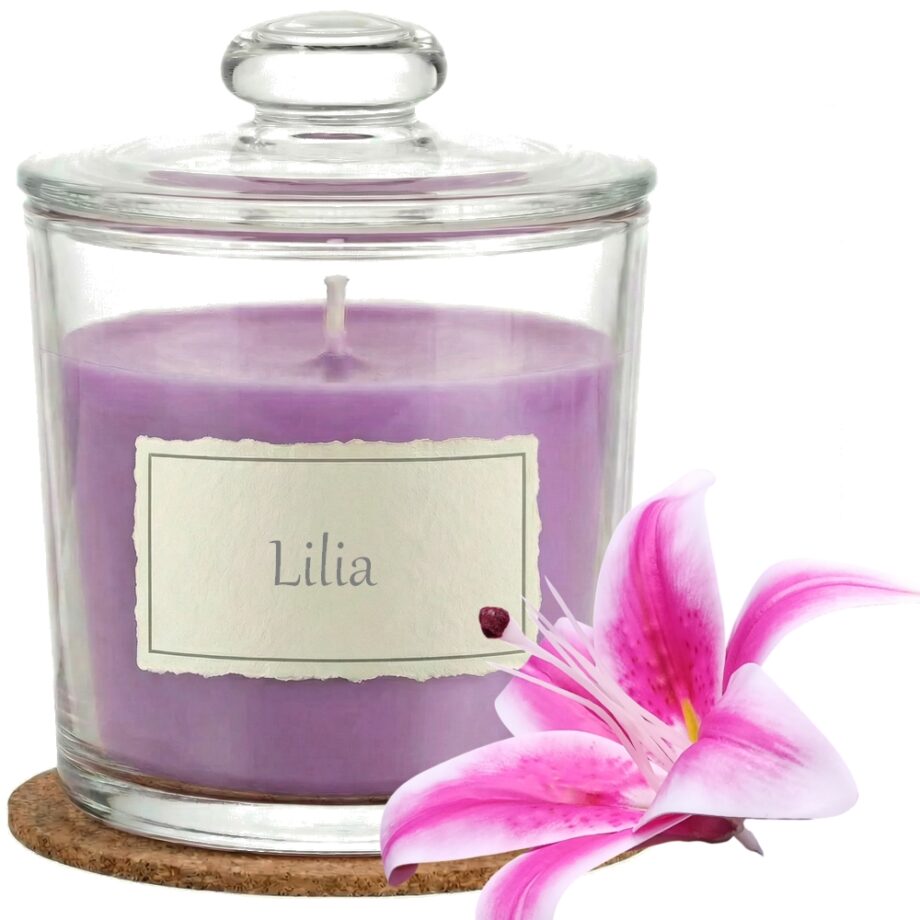 Świeca Zapachowa 440ml LILIA w Szkle | Świeca Sojowa, Czas palenia: ok. 140h, HANDMADE | z Korkową Podkładką, Seria: Glass 440ml