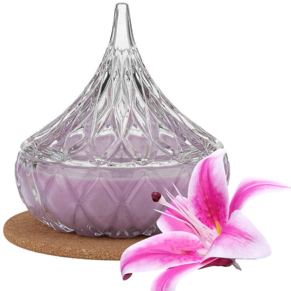 Świeca Zapachowa 220ml LILIA w Krysztale | Świeca Sojowa, Czas palenia: ok. 65h, HANDMADE | z Korkową Podkładką, Seria: Cristal 220ml