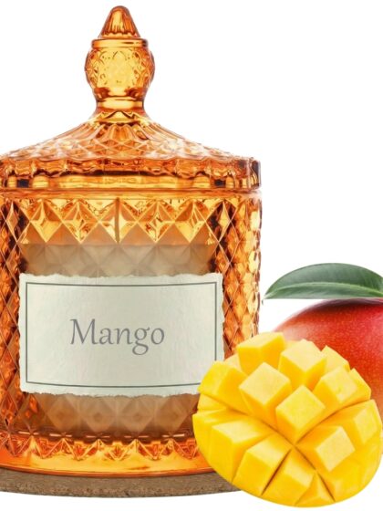 Świeca Zapachowa 330ml MANGO w Krysztale | Świeca Sojowa, Czas palenia: ok. 100h, HANDMADE | z Korkową Podkładką, Seria: Cristal 330ml
