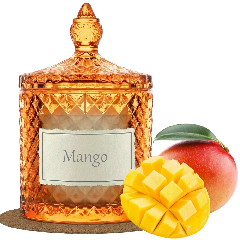 Świeca Zapachowa 330ml MANGO w Krysztale | Świeca Sojowa, Czas palenia: ok. 100h, HANDMADE | z Korkową Podkładką, Seria: Cristal 330ml