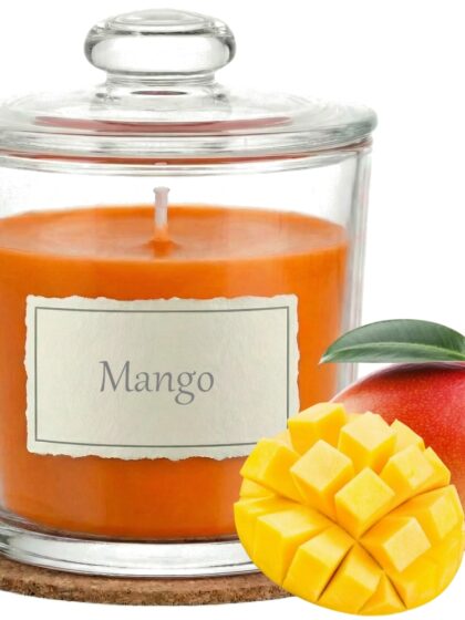Świeca Zapachowa 440ml MANGO w Szkle | Świeca Sojowa, Czas palenia: ok. 140h, HANDMADE | z Korkową Podkładką, Seria: Glass 440ml