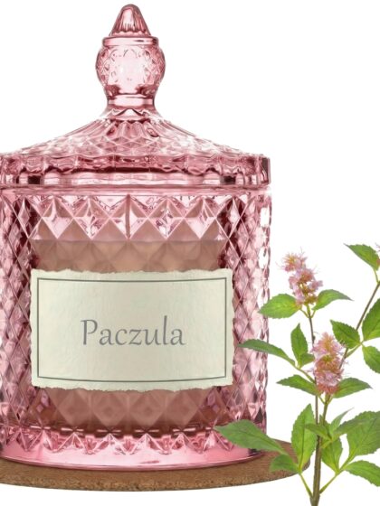 Świeca Zapachowa 330ml PACZULA w Krysztale | Świeca Sojowa, Czas palenia: ok. 100h, HANDMADE | z Korkową Podkładką, Seria: Cristal 330ml