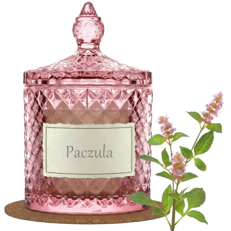 Świeca Zapachowa 330ml PACZULA w Krysztale | Świeca Sojowa, Czas palenia: ok. 100h, HANDMADE | z Korkową Podkładką, Seria: Cristal 330ml