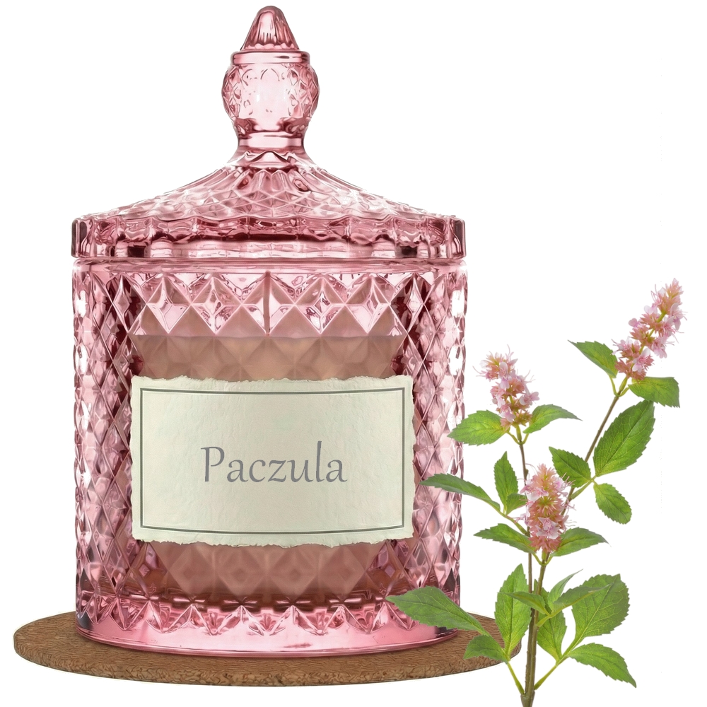 Świeca Zapachowa 330ml PACZULA w Krysztale | Świeca Sojowa, Czas palenia: ok. 100h, HANDMADE | z Korkową Podkładką, Seria: Cristal 330ml