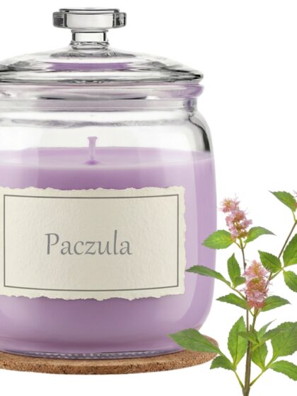 Świeca Zapachowa 750ml PACZULA w Szkle | Świeca Sojowa, Czas palenia: ok. 230h, HANDMADE | z Korkową Podkładką, Seria: Glass 750ml