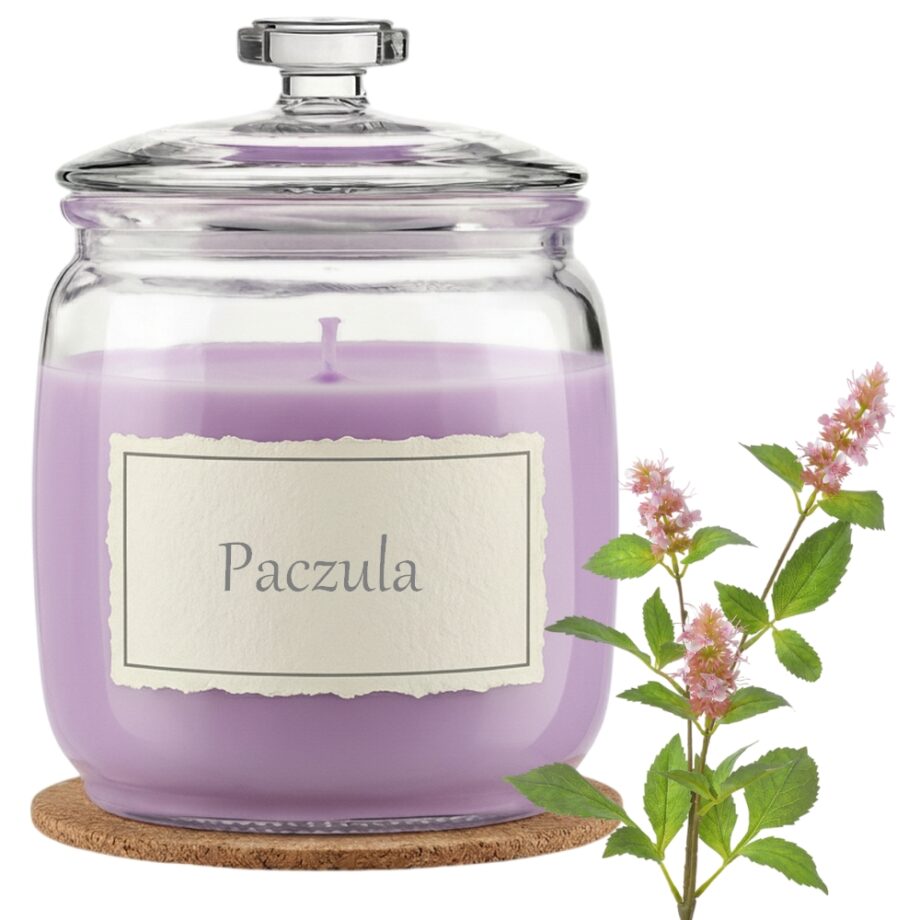 Świeca Zapachowa 750ml PACZULA w Szkle | Świeca Sojowa, Czas palenia: ok. 230h, HANDMADE | z Korkową Podkładką, Seria: Glass 750ml
