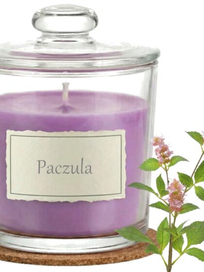 Świeca Zapachowa 440ml PACZULA w Szkle | Świeca Sojowa, Czas palenia: ok. 140h, HANDMADE | z Korkową Podkładką, Seria: Glass 440ml