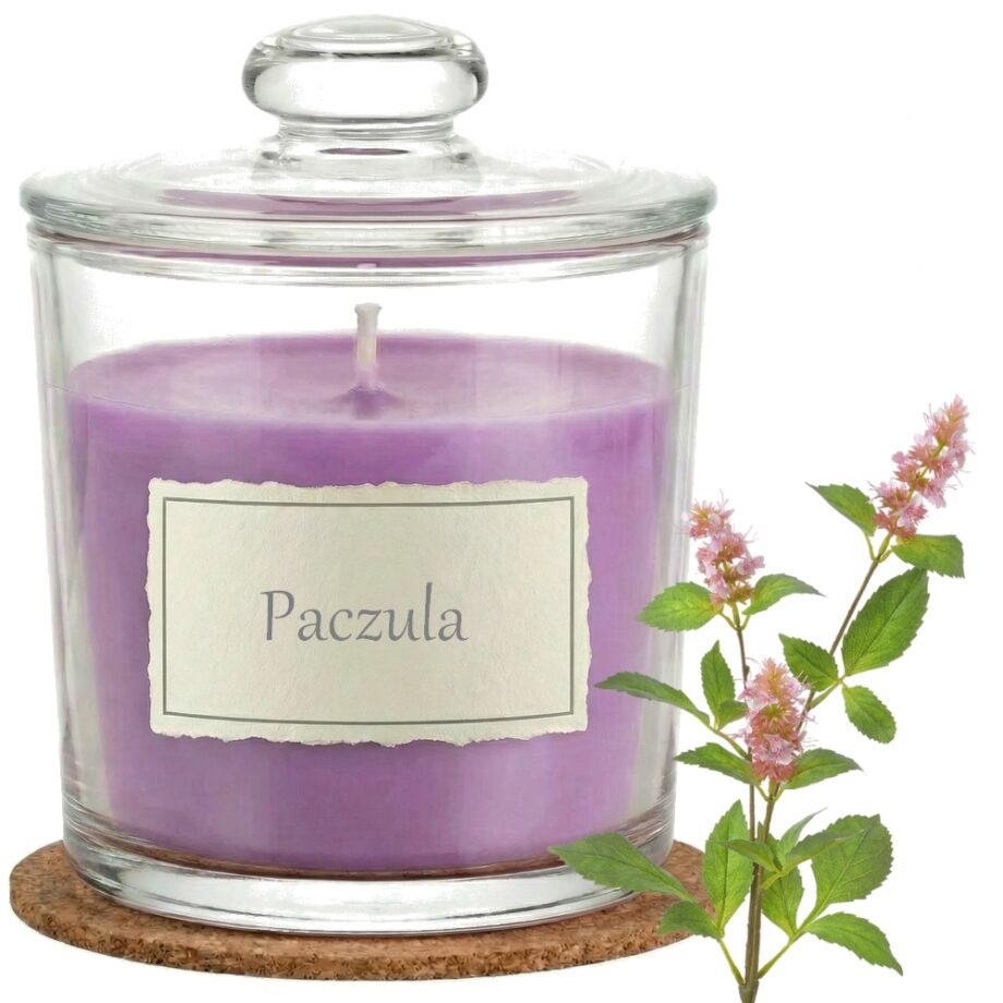 Świeca Zapachowa 440ml PACZULA w Szkle | Świeca Sojowa, Czas palenia: ok. 140h, HANDMADE | z Korkową Podkładką, Seria: Glass 440ml