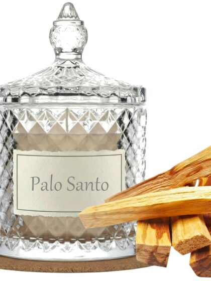 Świeca Zapachowa 330ml PALO SANTO w Krysztale | Świeca Sojowa, Czas palenia: ok. 100h, HANDMADE | z Korkową Podkładką, Seria: Cristal 330ml